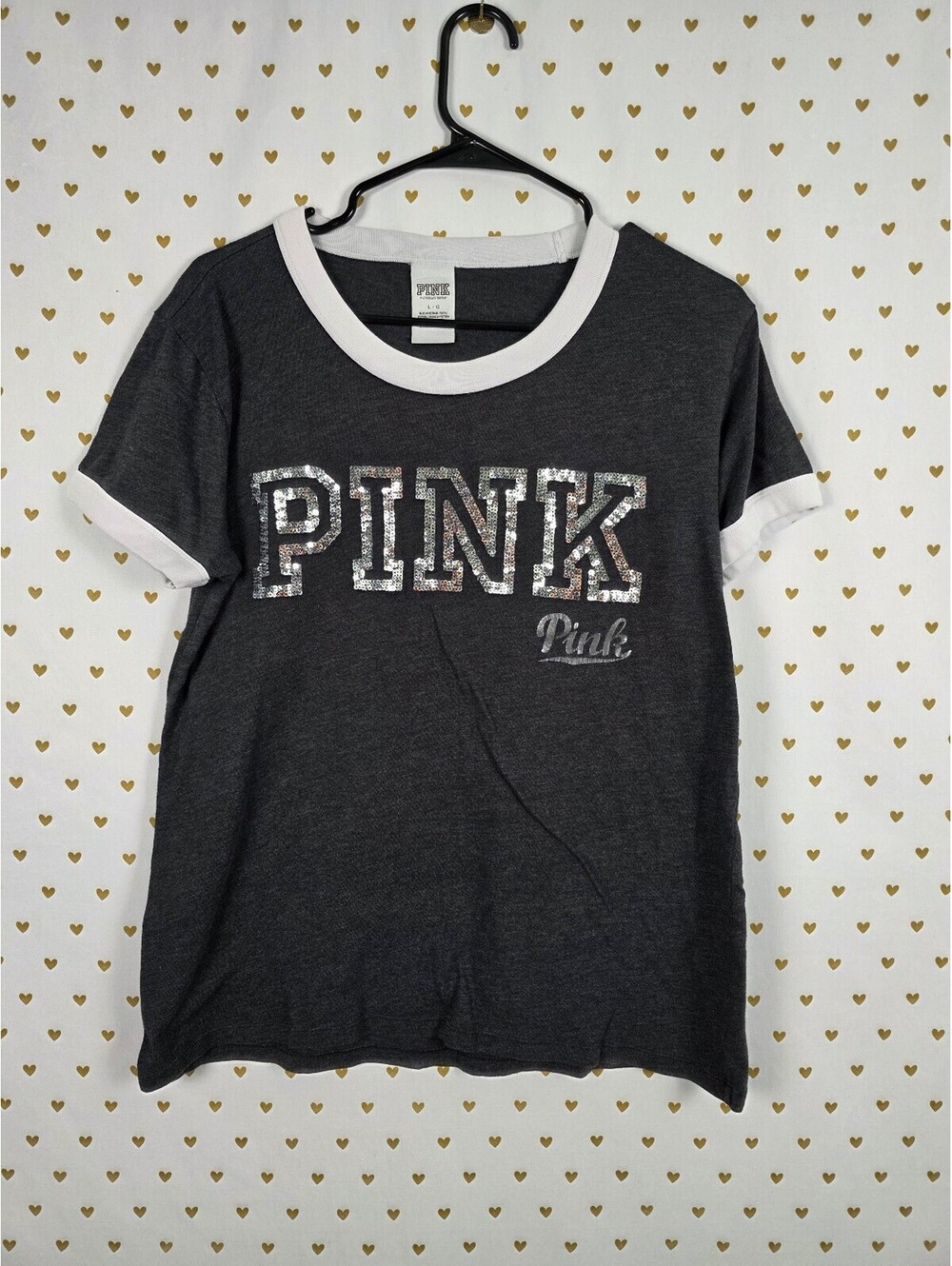 Victorias Secret PINK Grey Bling sequined Logo Tee shirt Large